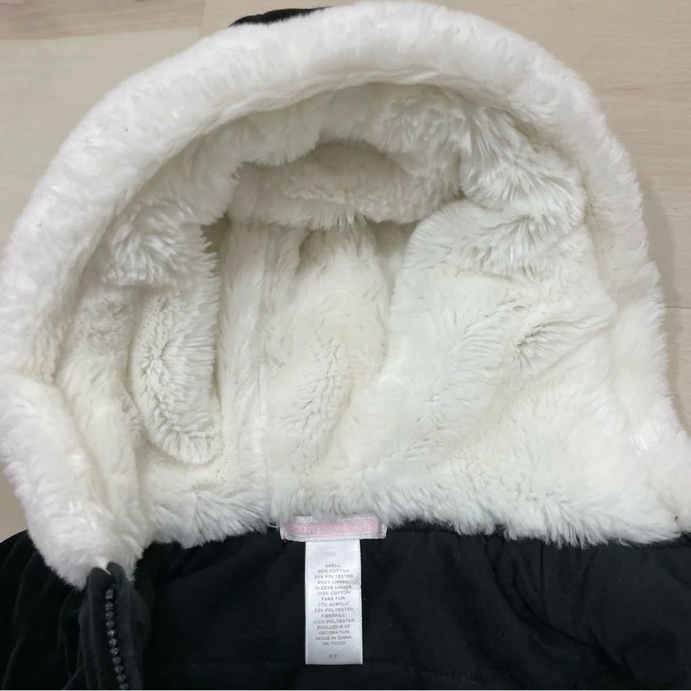 Janie and Jack Girls 2T Velour Jacket Black White Full Zip FauxFur Plushy Hood